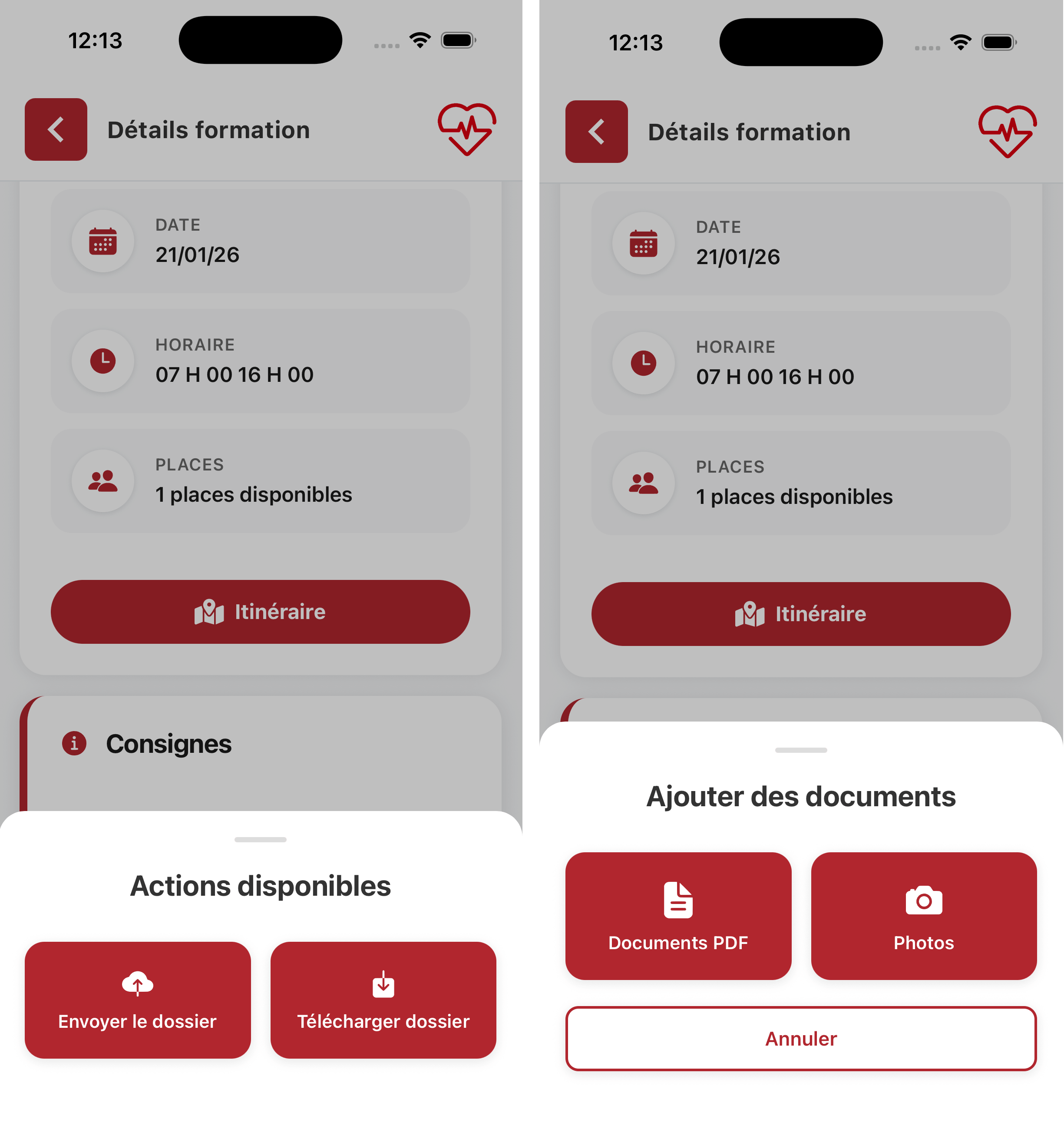 Envoi des dossiers via l'application
